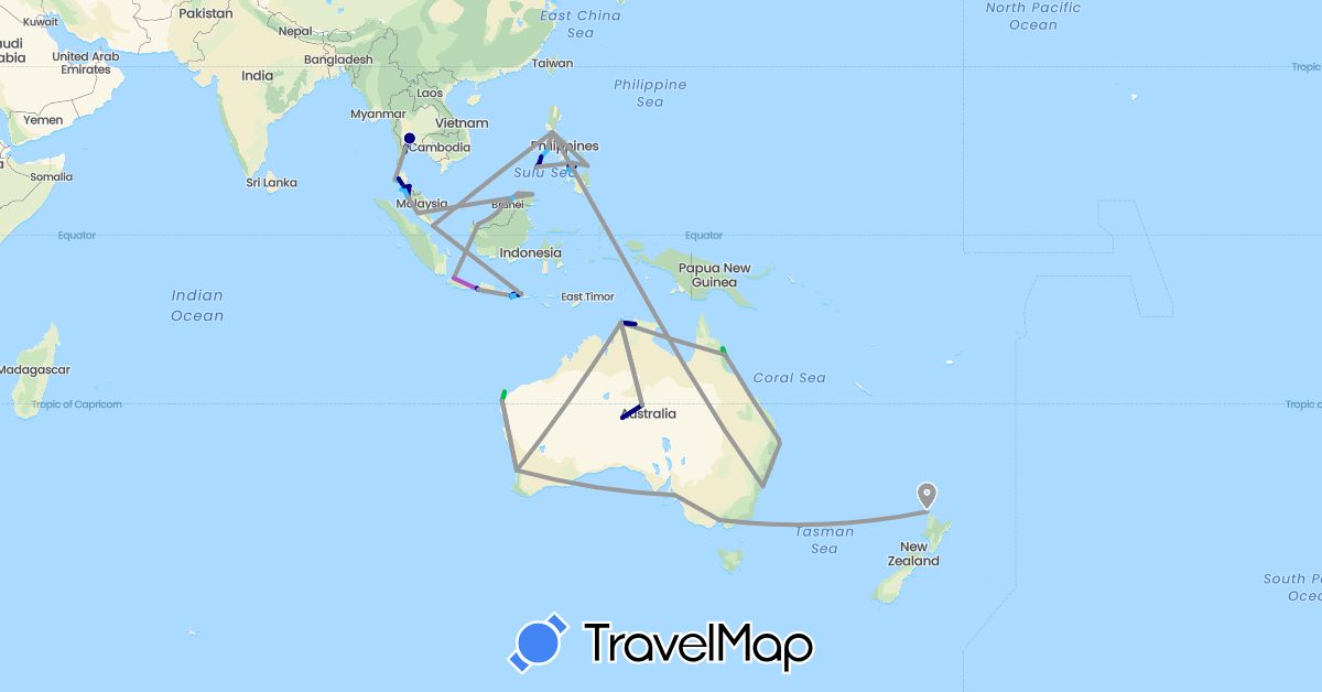 TravelMap itinerary: driving, bus, plane, train, boat in Australia, Brunei, Indonesia, Malaysia, New Zealand, Philippines, Singapore, Thailand (Asia, Oceania)